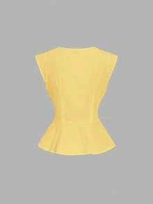 SHEIN MOD 女士纯色V领纽扣设计休闲衬衫 - 淡黃色 - 查看 3