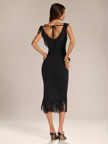 SHEIN BAE Đầm ôm sát màu đen trễ vai, tua rua, phong cách retro quyến rũ, thích hợp cho tiệc tùng và hẹn hò, mùa xuân/hè. - màu đen - Xem 2