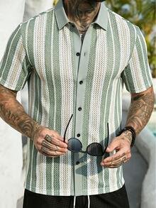 VENTUSAIL Men's Contrast Stripe Print Button Front Casual Short Sleeve Shirt, Holiday - Green - View 5