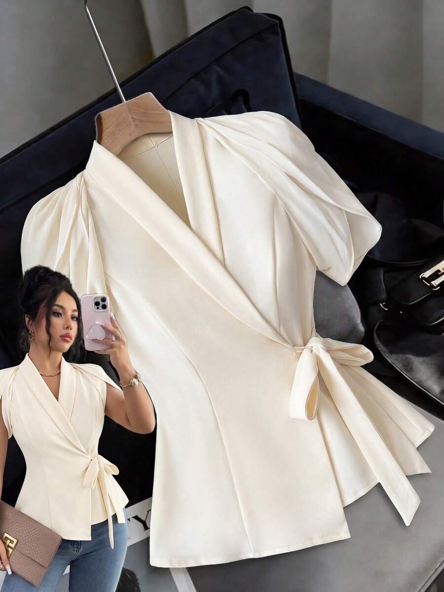 Elenzga Áo blazer nữ thanh lịch, lãng mạn, dáng ôm sát, cổ chữ V, xếp ly và thắt eo. - Màu be - Xem 1
