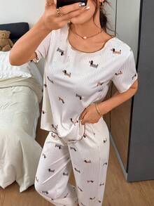 Dream Adore Cute Puppy Print Knitted Jacquard Trim Short Sleeve & Pants 2 Pieces Pajama Set - Multicolor - View 4