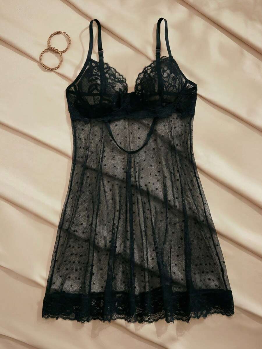 Charlaine Women's White Printed Mesh Sexy Lace Bow Nightgown - Black - View 1