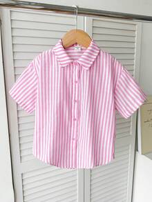Young Girl Casual Daily Pink Striped Shirt (Detachable Bow At Back) - Pink - View 4