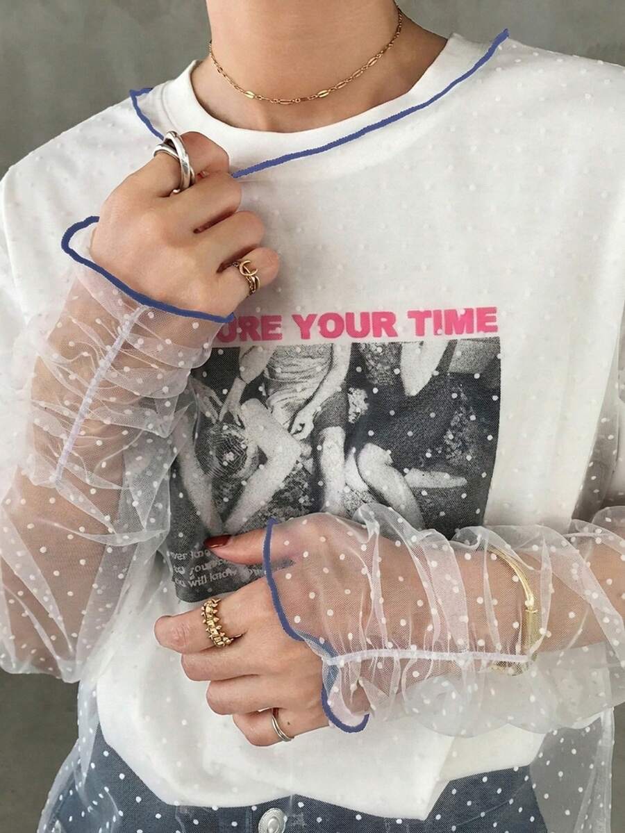 FRIFUL 女款純色對比飾邊透視網紗布料寬鬆休閒百搭T恤,春夏圖案印花T恤 - 藍色 - 查看 1