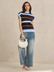 SHEIN Tall 女士条纹针织宽松休闲短袖圆领上衣 夏季 - 藍色 - 查看 3