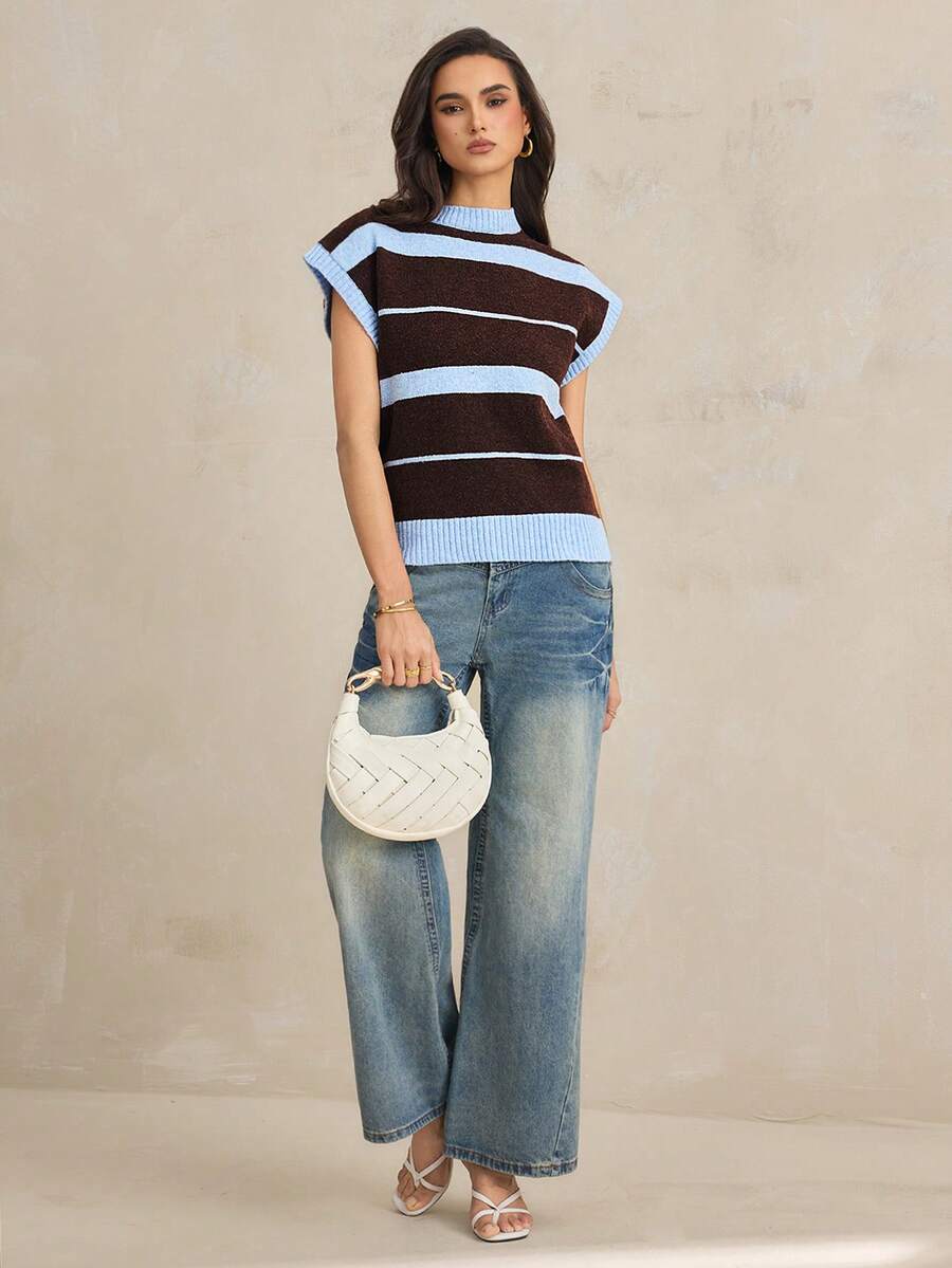 SHEIN Tall 女士条纹针织宽松休闲短袖圆领上衣 夏季 - 藍色 - 查看 1