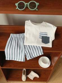 2pcs/Set Baby Boy Girl Green And White Striped Summer Casual Beach Outfit,Patchwork White Short Sleeve T-Shirt And Striped Shorts Set For Party,Daily - Green - View 4