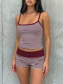 SHEIN EZwear 女士休闲度假通勤条纹印花修身露脐吊带背心和短裤套装，夏季 - 彩色 - 查看 6