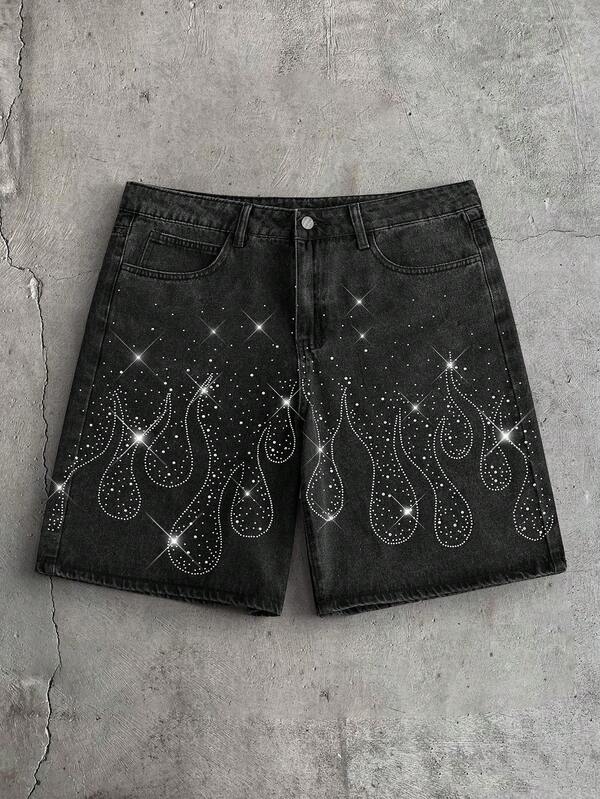 AXEPEAK Pantalones cortos de mezclilla lavada para hombres con adornos de diamante de imitación, pantalones de longitud hasta la rodilla de moda