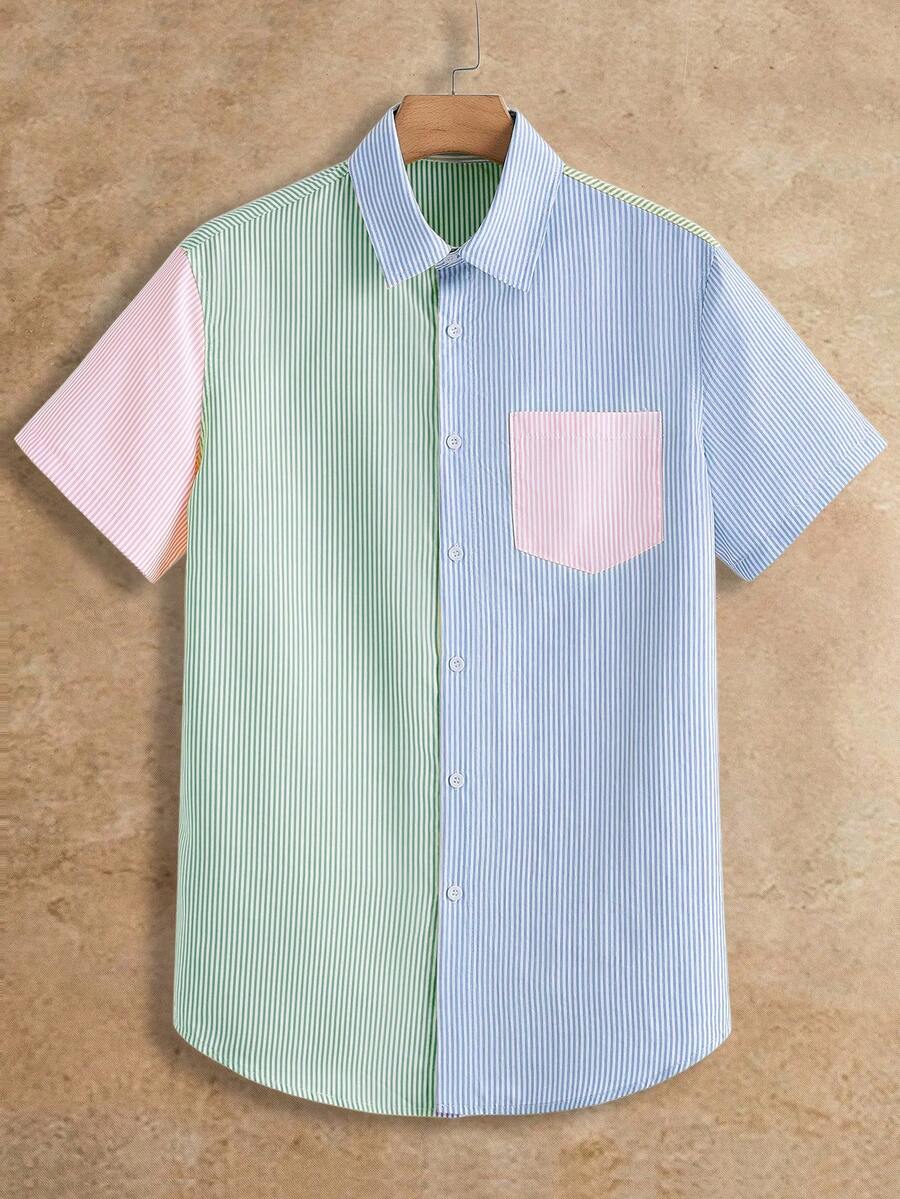 HIMLAND Men's Summer Casual Tropical Beach Vacation Holiday Contrast Stripe Print Short Sleeve Shirt, Suitable For Daily Commute Blue Striped - Multicolor - View 1