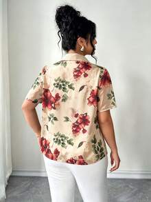 SHEIN Clasi Plus Size Women's Elegant Solid Color Patchwork Collar Short Sleeve Loose Versatile Chiffon Floral Print Casual Holiday Blouse Tea Party Beige Summer - Apricot - View 2