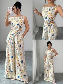Elenzga Bộ đồ nữ thanh lịch, thoải mái gồm áo không tay dáng ôm họa tiết hoa nhí xếp ly bất đối xứng và quần ống rộng dáng ôm hai túi, thích hợp cho mùa xuân/hè. - Nhiều màu - Xem 4