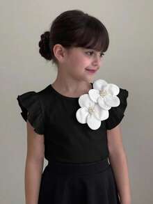SHEIN Kaos Anak Perempuan Elegan dengan Hiasan Manik-Manik Bunga 3D, Musim Panas - Hitam - View 6