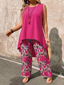 EMERY ROSE Plus Size 2 Pieces Set: Paisley Print Sleeveless Top And Wide Leg Pants Fall - Hot Pink - View 3