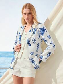 Zovinel Áo blazer dài tay thanh lịch in hình rùa dành cho nữ - Xanh và trắng - Xem 7