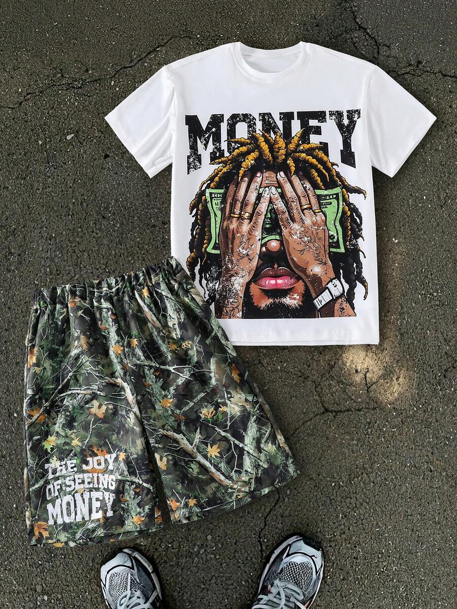 SHEIN Coolqubz Tween Boy Letter & Character Print Short Sleeve T-Shirt And Shorts Casual Set - Multicolor - View 1