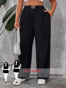 SHEIN PETITE CURVE 大码女式纯色高腰裤，带口袋，适合春季、情人节、毕业典礼、休闲、正式场合、日常生活、通勤、毕业典礼、外出、上学等各种场合，黑色裤子 - 黑色 - 查看 1