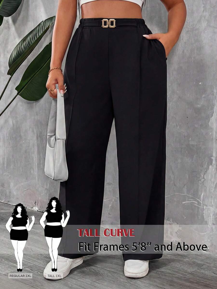 SHEIN PETITE CURVE 大码女式纯色高腰裤,带口袋,适合春季、情人节、毕业典礼、休闲、正式场合、日常生活、通勤、毕业典礼、外出、上学等各种场合,黑色裤子 - 黑色 - 查看 1