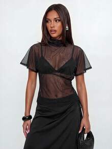 Avantive Summer Festival Party Gym Prom Graduation Prom Casual Country Y2k Women's Black Sheer Seksi Chic Short Sleeve Top Night Out - Black - View 7