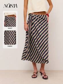 Nöista Diagonal Striped Wrap Midi Skirt With Side Tie Fastening And Asymmetric Hem.Flowy Silhouette A Flattering Drape, Perfect For Spring Summer - Blue - View 8