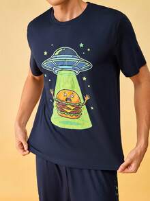 Notgurli Men's Dark Blue Alien Spaceship Graphic Short Sleeve Long Pants Loungewear Set, Novelty Comfortable Nightwear 2 Pcs Outfits - Multicolor - View 5