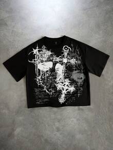 ROMWE MEN Goth Men's Loose Fit Cropped Boxing Print T-Shirt - Black - View 3