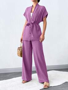 SHEIN Tall 女款純色蝙蝠袖繫帶上衣與寬腿褲套裝，適合高個女性 - 藕粉色 - 查看 6