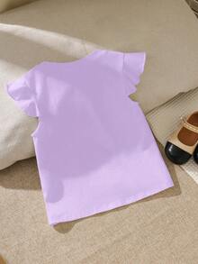 SHEIN Camiseta casual holgada para niña con cuello redondo y dobladillo con volantes de unicolor - Morado - Ver 2