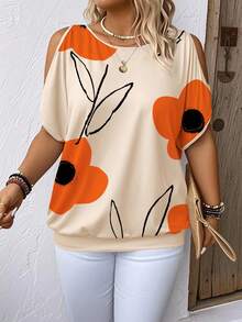 Breezaya Plus Size Vacation Style Plant Printed Open Shoulder T-Shirt For Casual Occasions Graphic Tees Women Tops  Butter Yellow - Multicolor - View 4