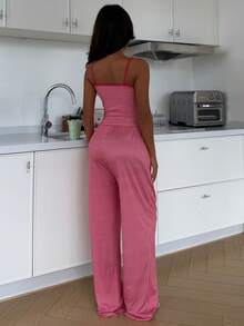 ZzzCrew Summer Decorative Button Striped Print Bodycon Knit Camisole & Pants Set, Sexy Style - Red - View 3