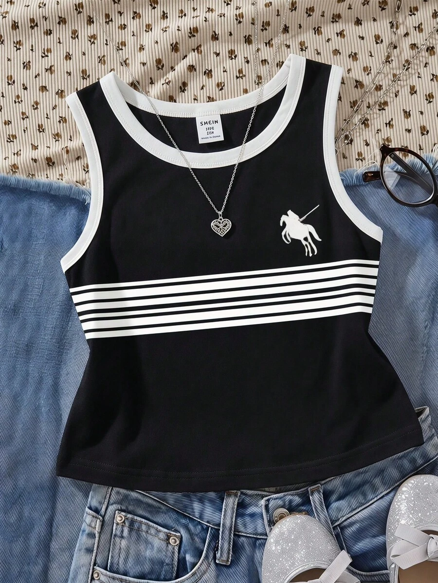 Tween Girl Striped Knight Print Casual Round Neck Tank Top - White - View 1