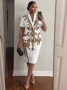 SHEIN Lady Plus Size Women Plant Pattern Shawl Collar Short Sleeve Jacket And Mini Skirt Elegant Suit Set - Khaki - View 4