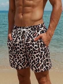 Manfinity Swimmode 大尺碼男士休閒波西米亞風豹紋抽繩腰沙灘短褲，夏季度假夏威夷熱帶泳褲洗澡沙灘褲，米色卡其色 - 黑色 - 查看 5