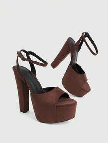 CUCCOO LuxiPop Women Shoes Outdoor Women's Round Toe Coarse High Heel Fleece Fabric Stylish, Simple, Breathable And Comfortable Daily Party Nightclub Banquet Buckle Solid Dew Heel Sandals, Nightclub Party Style, Suitable For Spring And Summer, Holiday Season 2000's Style, Holiday Atmosphere, Summer Wear, Travel Essential Summer Shoes - Brown - View 3