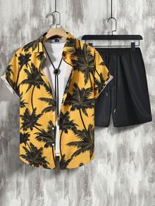 Manfinity RSRT Men's Summer Vacation Coconut Tree Print Button-Front Shirt And Shorts 2 Pieces Set, Holiday - Multicolor - View 3