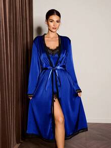 Slumberist Faux Silk Lace Patchwork Criss-Cross Backless Tie Robe & Slip Dress 2 Pieces Set For Women - Royal Blue - View 3
