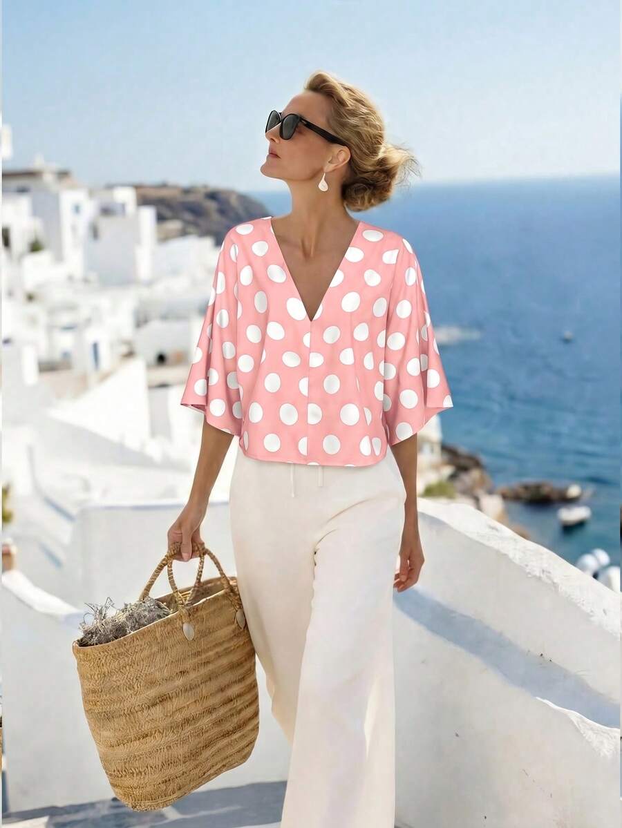 Wandoria V-Neck Loose Polka Dot Non-Positioning Print Casual Commuting Elegant Vacation Women Shirt - Multicolor - View 1