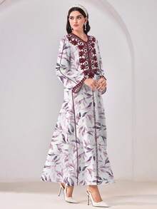 SHEIN Najma 休闲简约保守植物图案阿拉伯风格连衣裙 - 彩色 - 查看 4