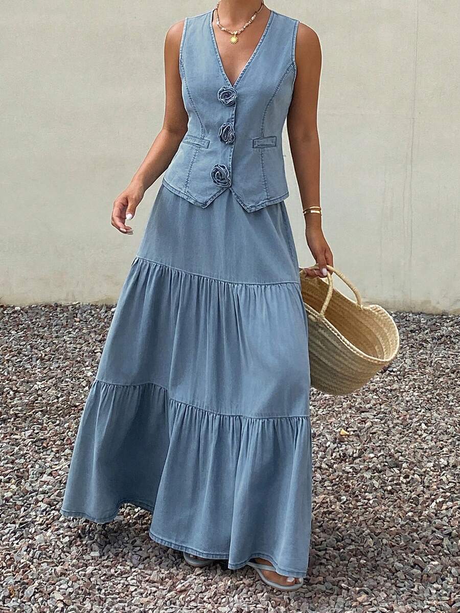 Livesso Bộ đồ 2 món gồm áo khoác denim không tay và chân váy xòe, thiết kế thường ngày cho mùa xuân và hè, thích hợp cho nữ. - Rửa nhẹ - Xem 1