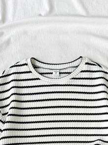 SHEIN Tween Girls' Spring/Summer Coordinated Casual Jacquard Striped T-Shirt And Pants Set - Multicolor - View 3