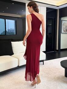 Modelyn 优雅纯色不对称肩部金属扣网纱褶皱腰部性感修身宴会礼服 - 酒紅色 - 查看 5