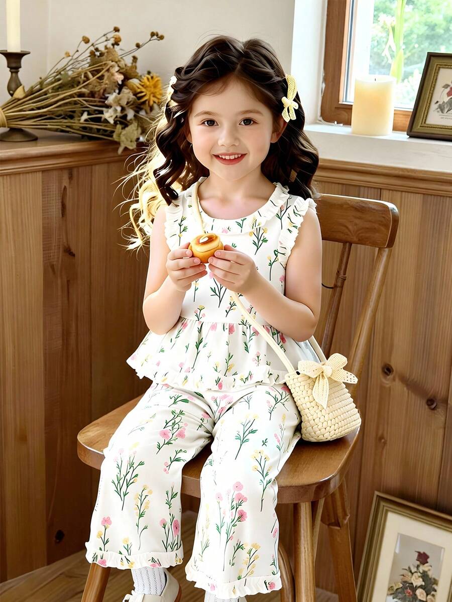 SHEIN Vintaside Kids 少女夏季色彩缤纷、甜美清新的花卉图案无袖背心搭配长裤套装，优雅的荷叶边装饰，适合日常外出、休闲聚会、朋友聚会和度假旅行。 - 白色 - 查看 1