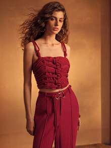 MOTF PREMIUM WOMEN'S LINEN BRAIDED STRAP CAMISOLE TOP, SUITABLE FOR VACATION - Red - View 4