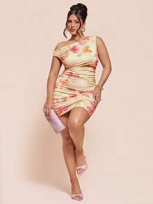 SHEIN BAE Plus Size Women's Pink Floral Print Asymmetrical Shoulder Ruched Mini Dress,Elegant Summer Curve Cocktail Bodycon Sleeveless One Shoulder Chic Party - Multicolor - View 8