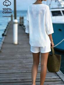 Balvessa 2pcs/Set Women Off-Shoulder V-Neck Blouse And Cotton Shorts - White - View 2