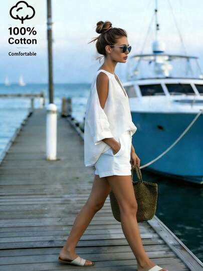 Balvessa 2pcs/Set Women Off-Shoulder V-Neck Blouse And Cotton Shorts
