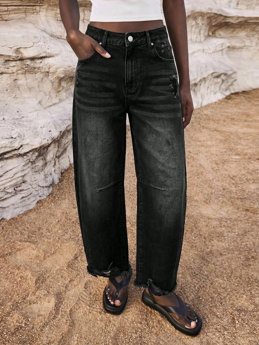 Maija Women's Fashion Versatile Pocketed Zipper Hem Distressed Straight Leg Jeans - Black - View 1