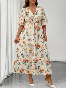 Auvina Vestido maxi de línea A con cuello en V, volantes y mangas cortas, con cintura anudada, para uso diario, talla grande - Multicolor - Ver 6
