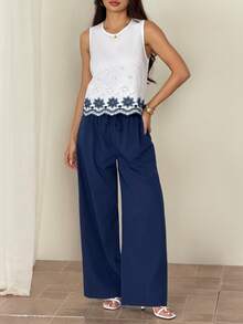 SHEIN PETITE Bộ đồ hai mảnh dành cho nữ, áo không tay và quần dài, thời trang thu đông hè, màu xanh dương. - Màu xanh lam - Xem 5