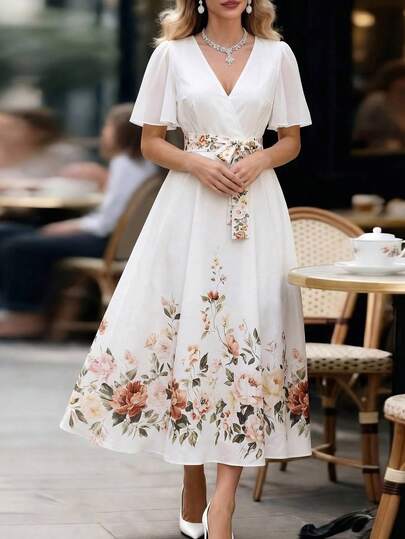 Editum Women's V-Neck Puff Sleeve Elegant Floral Print Dress,Elegant Positioning Printed Dress, Date Dress, Commuting Dress, Party Dress, Multifunctional Dress